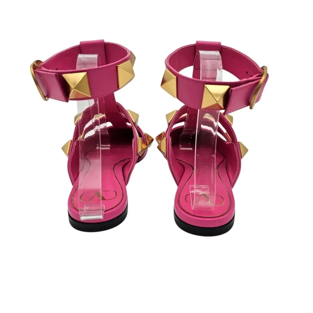 Valentino Garavani Roman Stud Flat Cage Sandal Pink Gold Size 38.5 US 8.5
